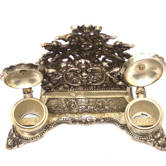Rococo Style Silver Plated Brass Desktop Double Inkwell w/Cherubs Letter Holder - Picture 4 of 11